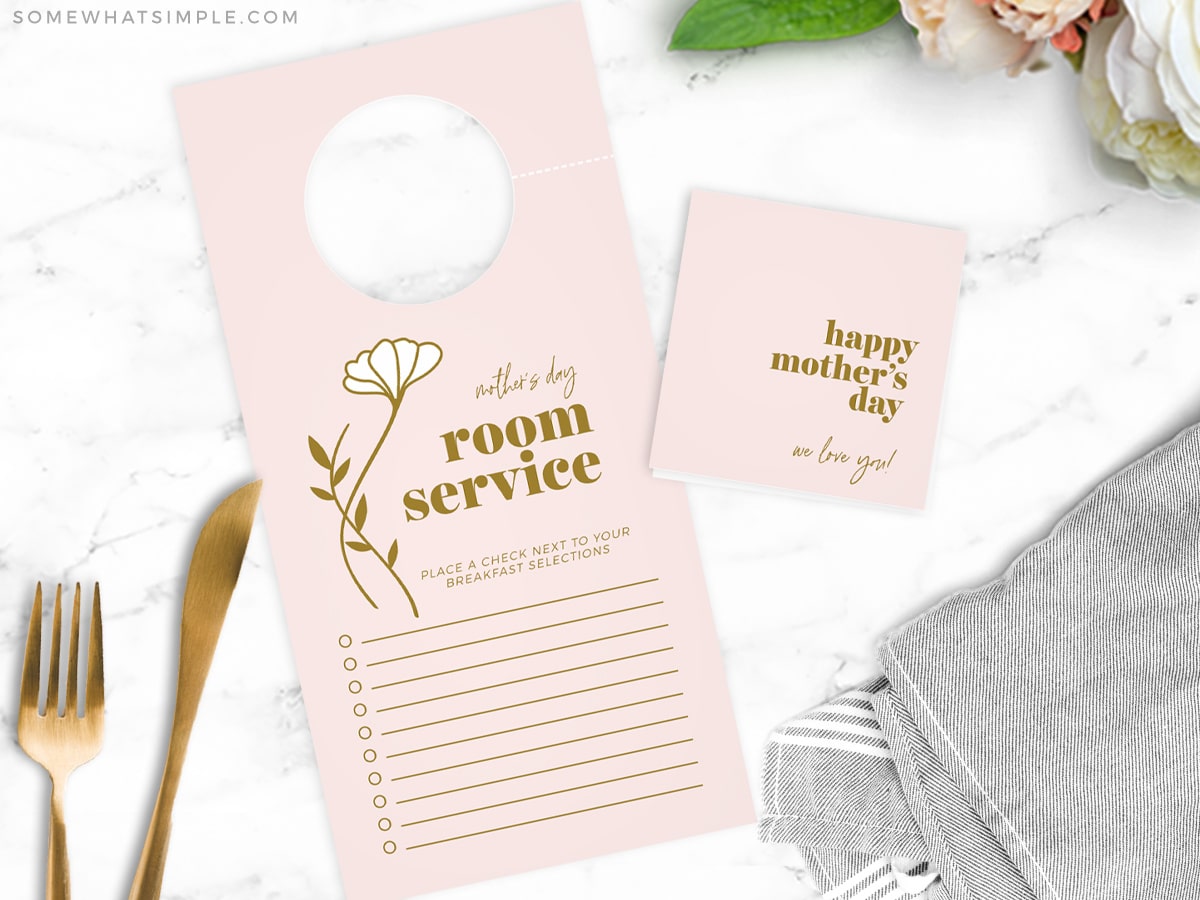 pink printable door hanger for mothers day breakfast in bed