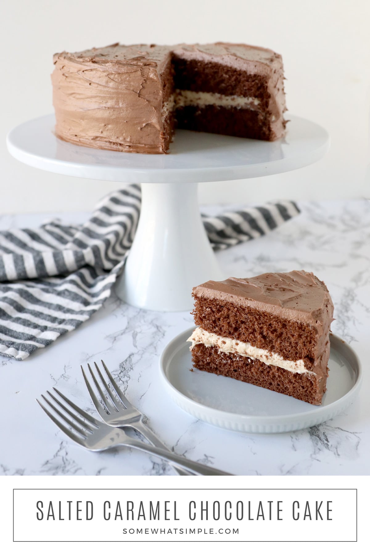 Fluffy chocolate cake and creamy salted caramel frosting - this Salted Caramel Chocolate Cake is perfectly delicious and totally easy to make! via @somewhatsimple