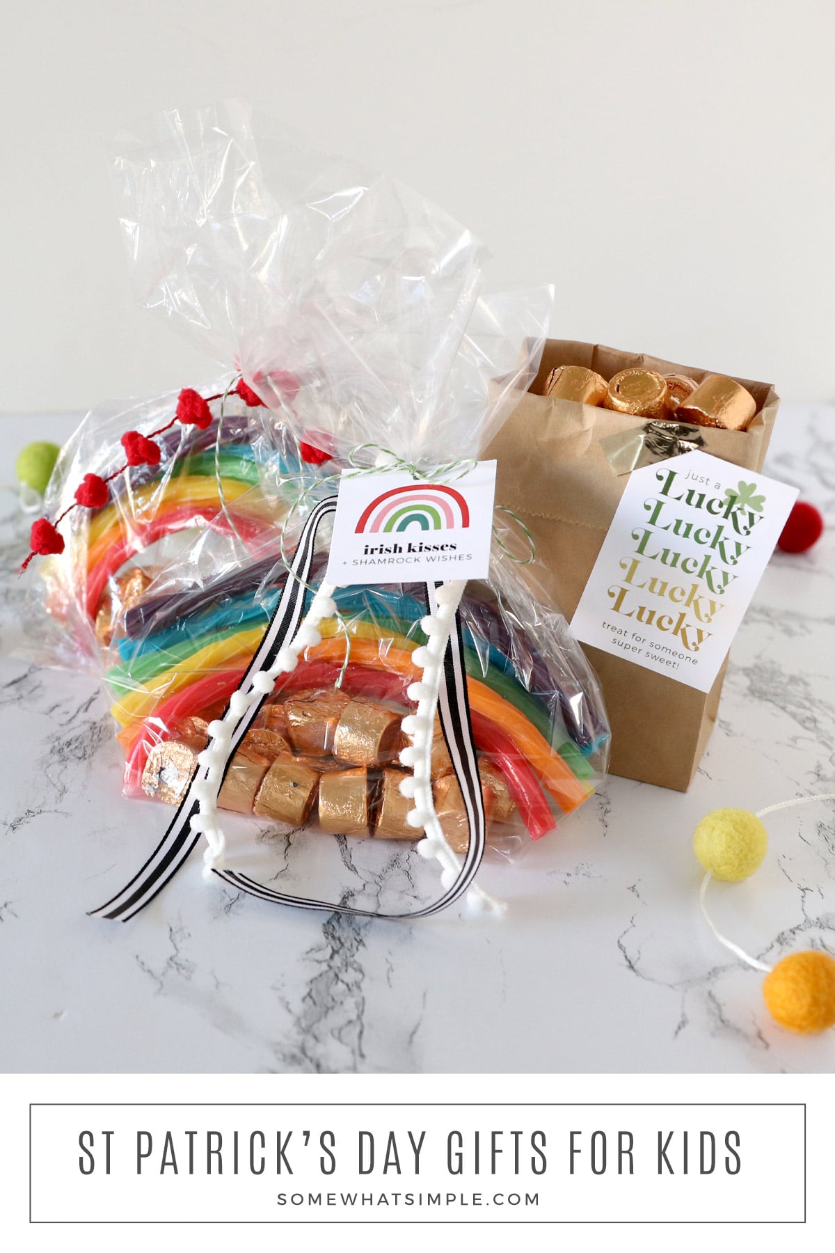 These rainbow treat bags make the cutest St Patrick's Day gifts! A fun and festive treat your kids will LOVE!!! via @somewhatsimple