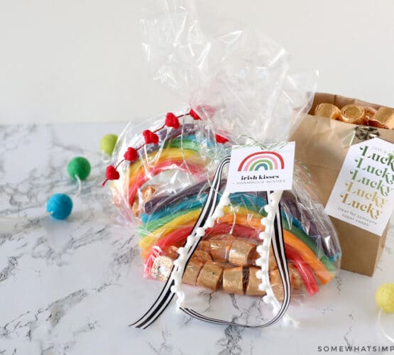 rainbow and pot of gold candies made into a gift for st patricks day