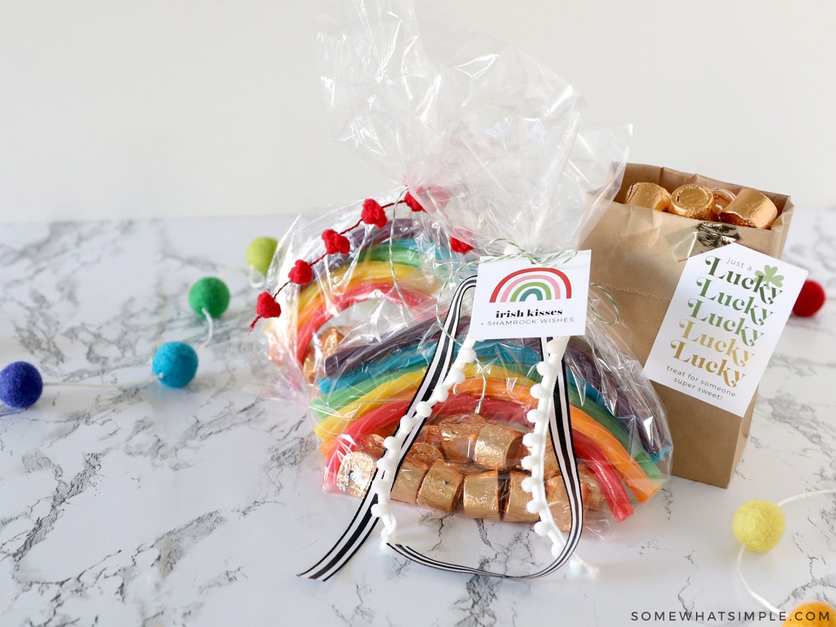 rainbow and pot of gold candies made into a gift  for st patricks day