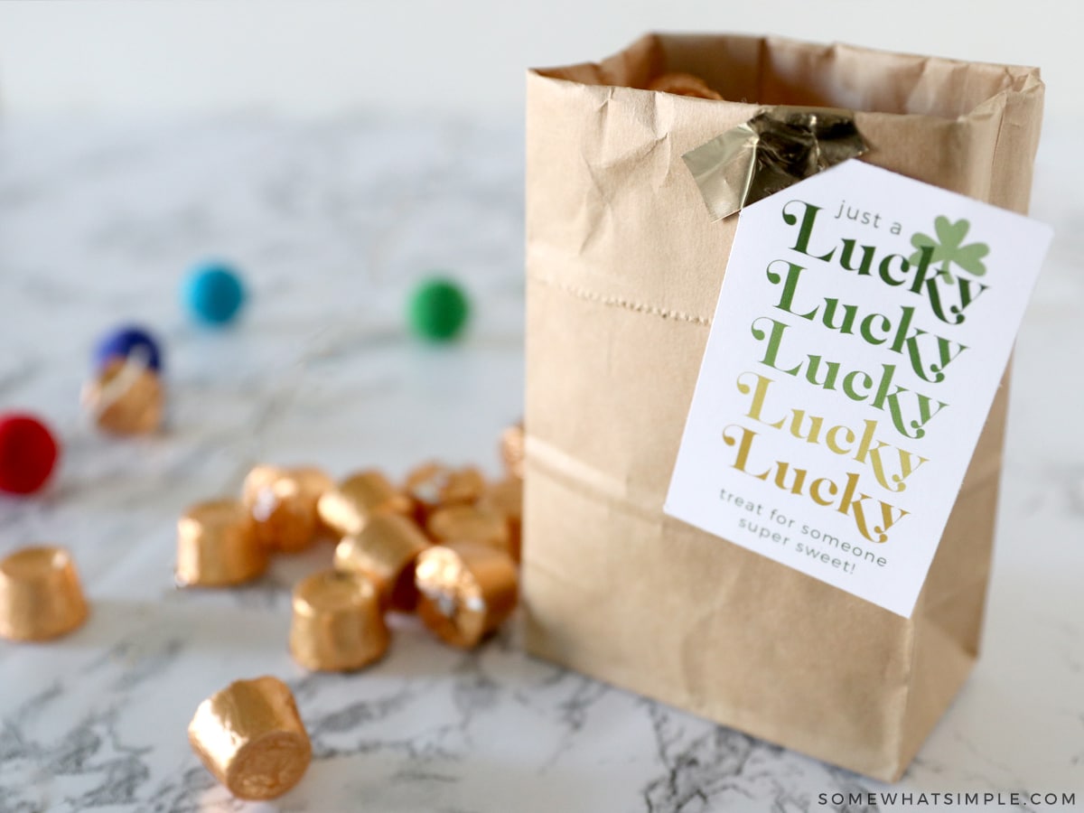 brown paper bag filled with Rolos with a gift tag attached to it