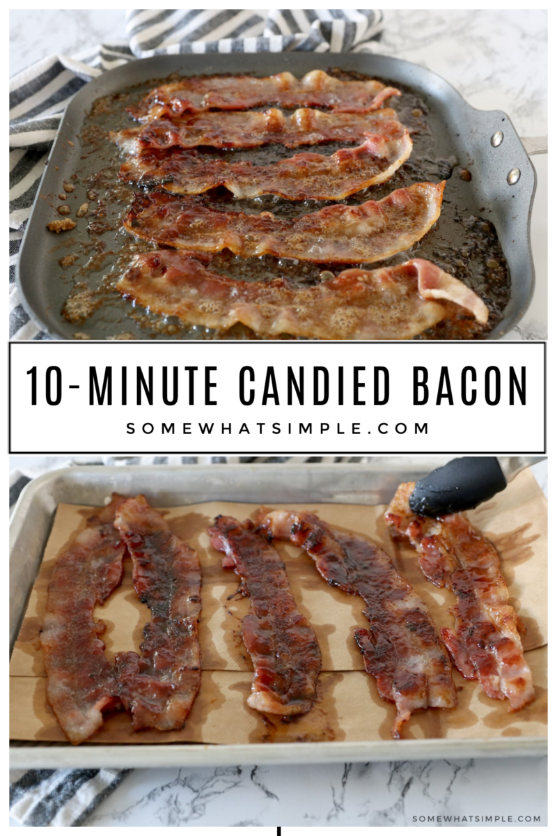 collage of images showing the cooking process of candied bacon