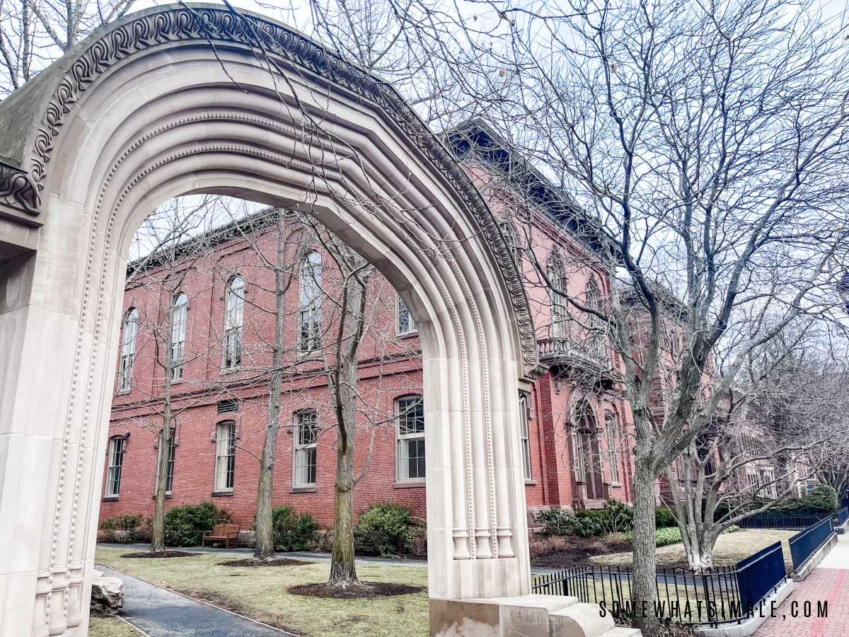 view of a brick building and stone arch in salem 