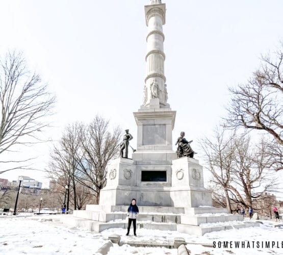 boston common statue in the snow