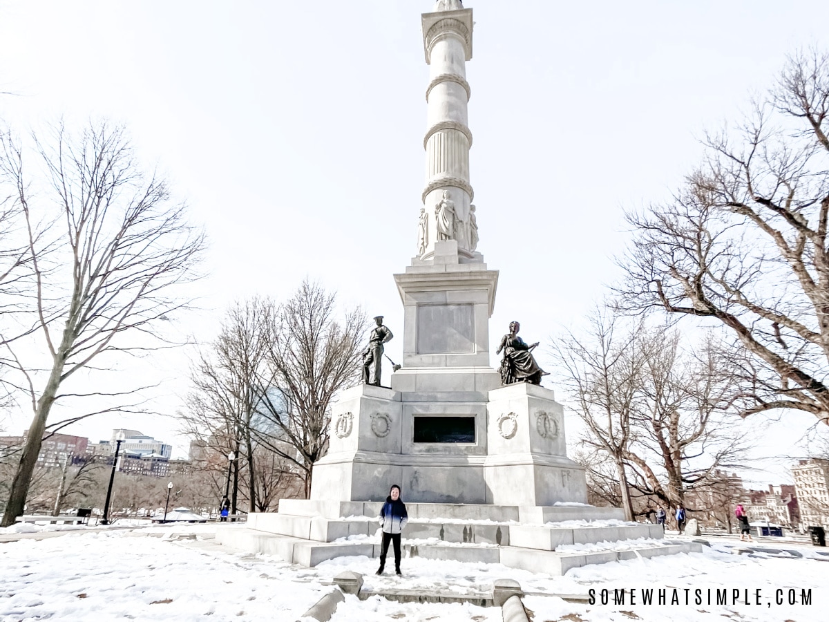 boston common statue in the snow