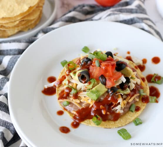 over head shot of a spanish tostada with all the toppings