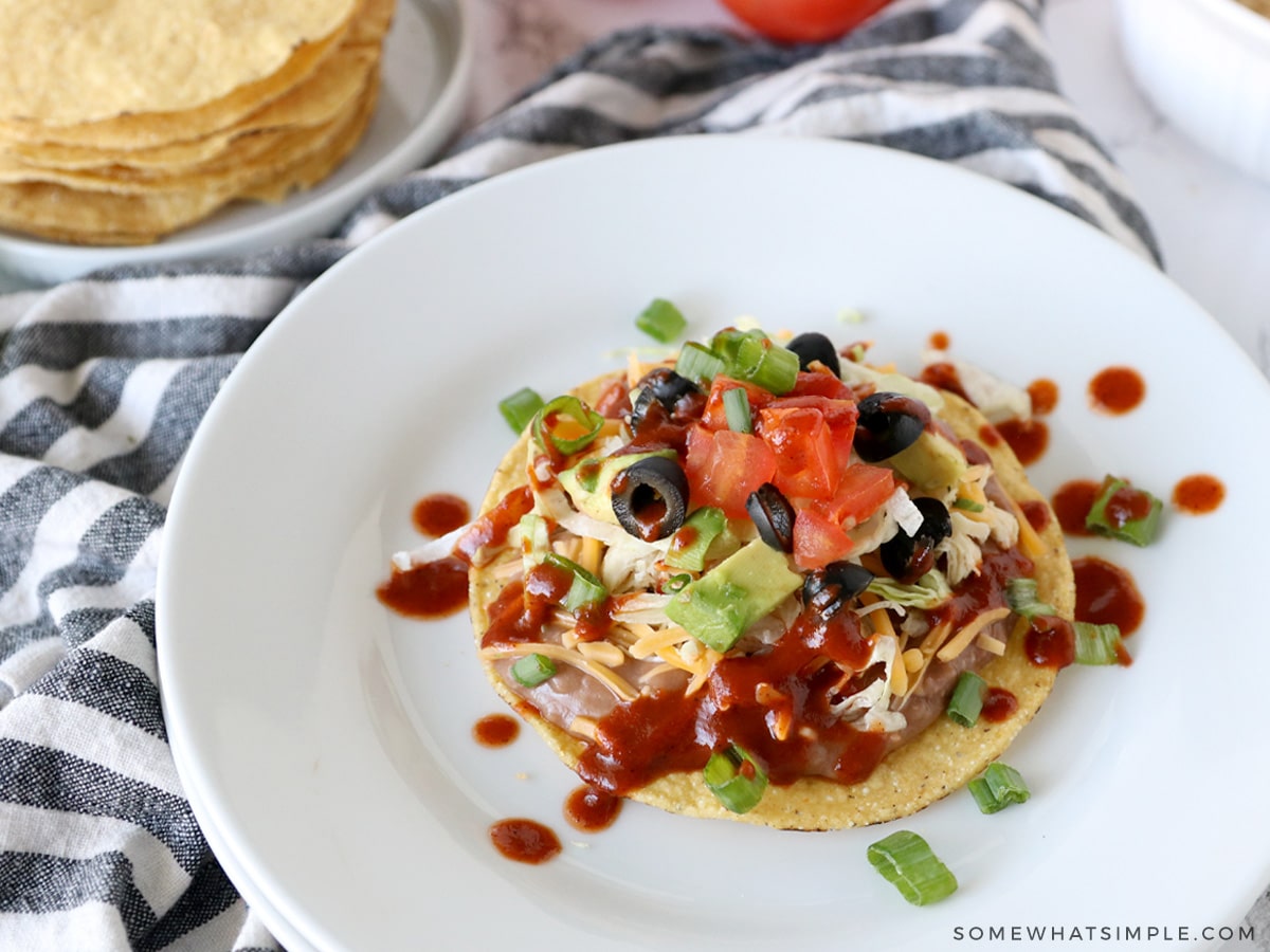 over head shot of a spanish tostada with all the toppings