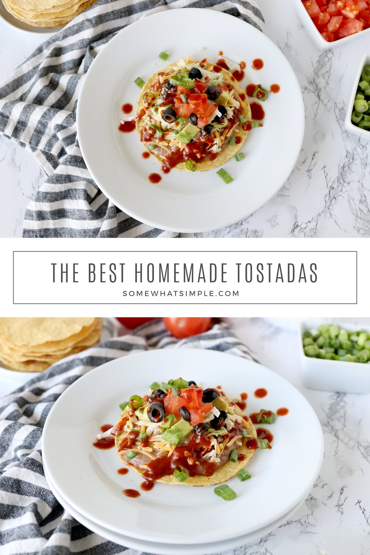 Homemade tostadas are easy to make and are a nice alternative to a standard taco. This simple recipe is so good, you'll never make them any other way again! via @somewhatsimple