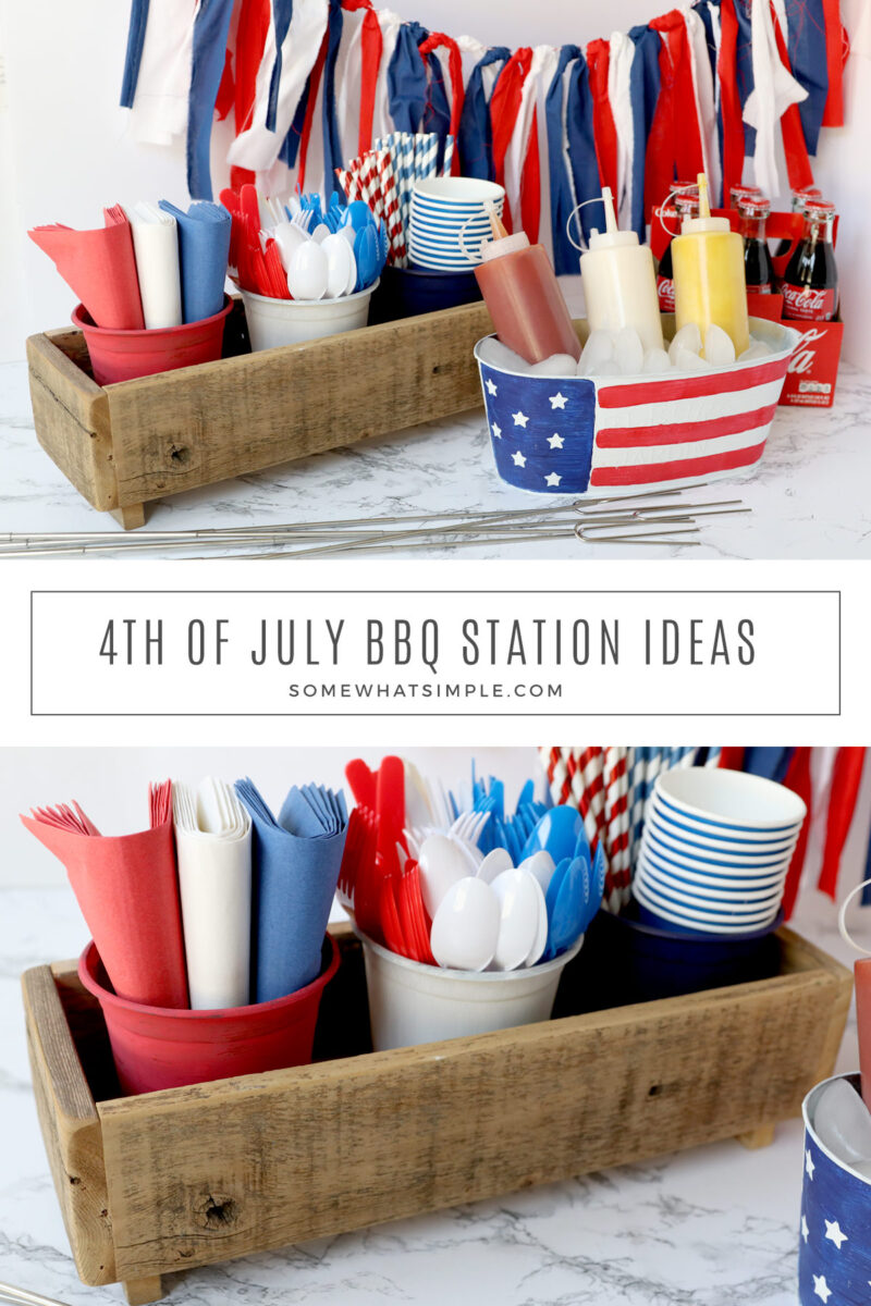 collage of images showing a 4th of July BBQ station