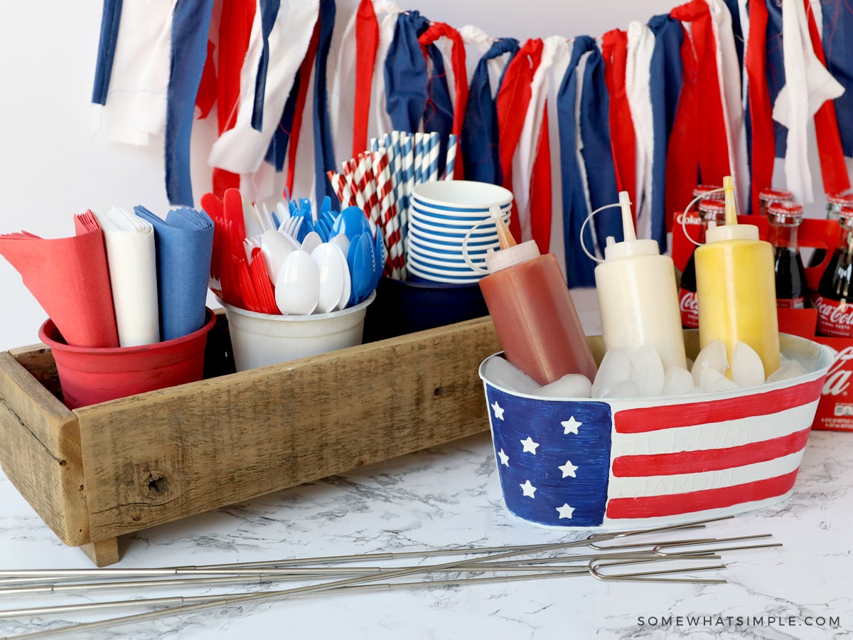 4th of July BBQ Station with condiments and paper goods