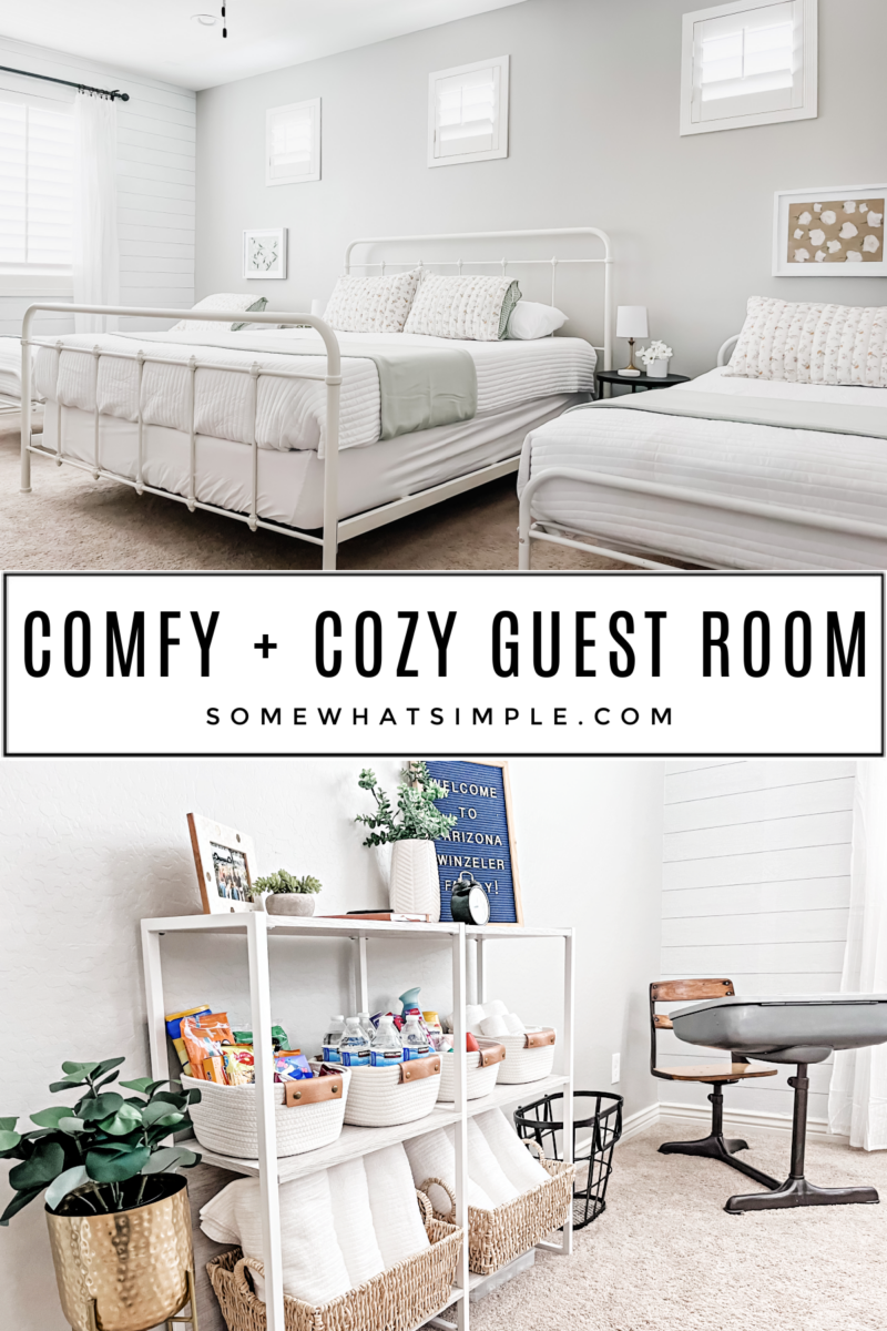 collage of images showing a cozy guest room