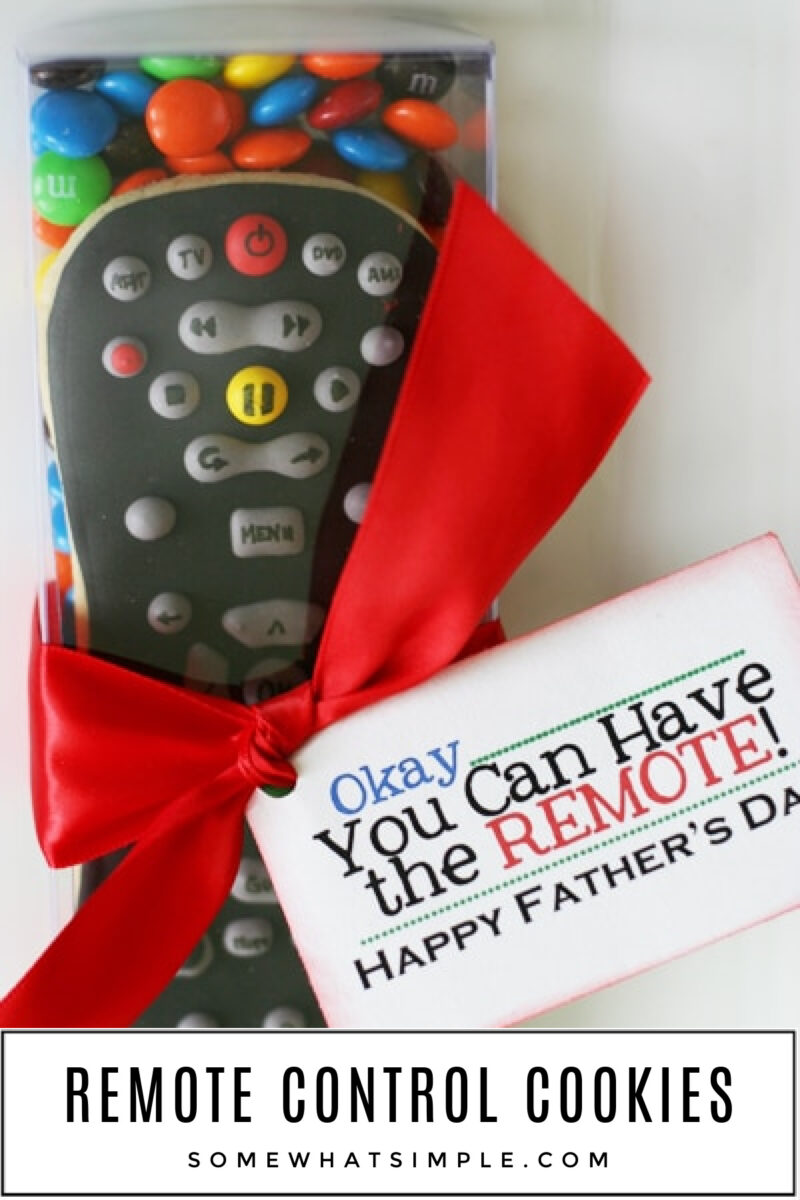 long image with overhead shot of a cookie for fathers day in the shape of a remote control