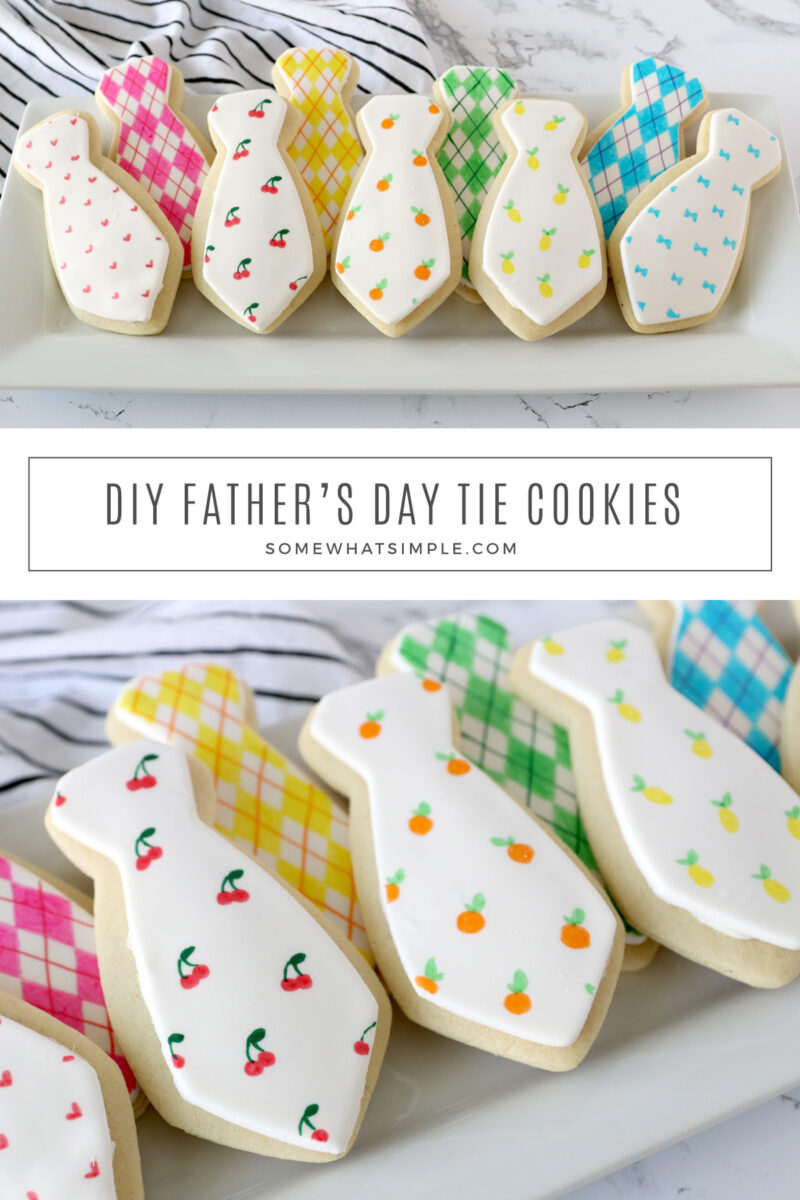 collage of images showing how to make a sugar cookie in the shape of a tie for Father's Day