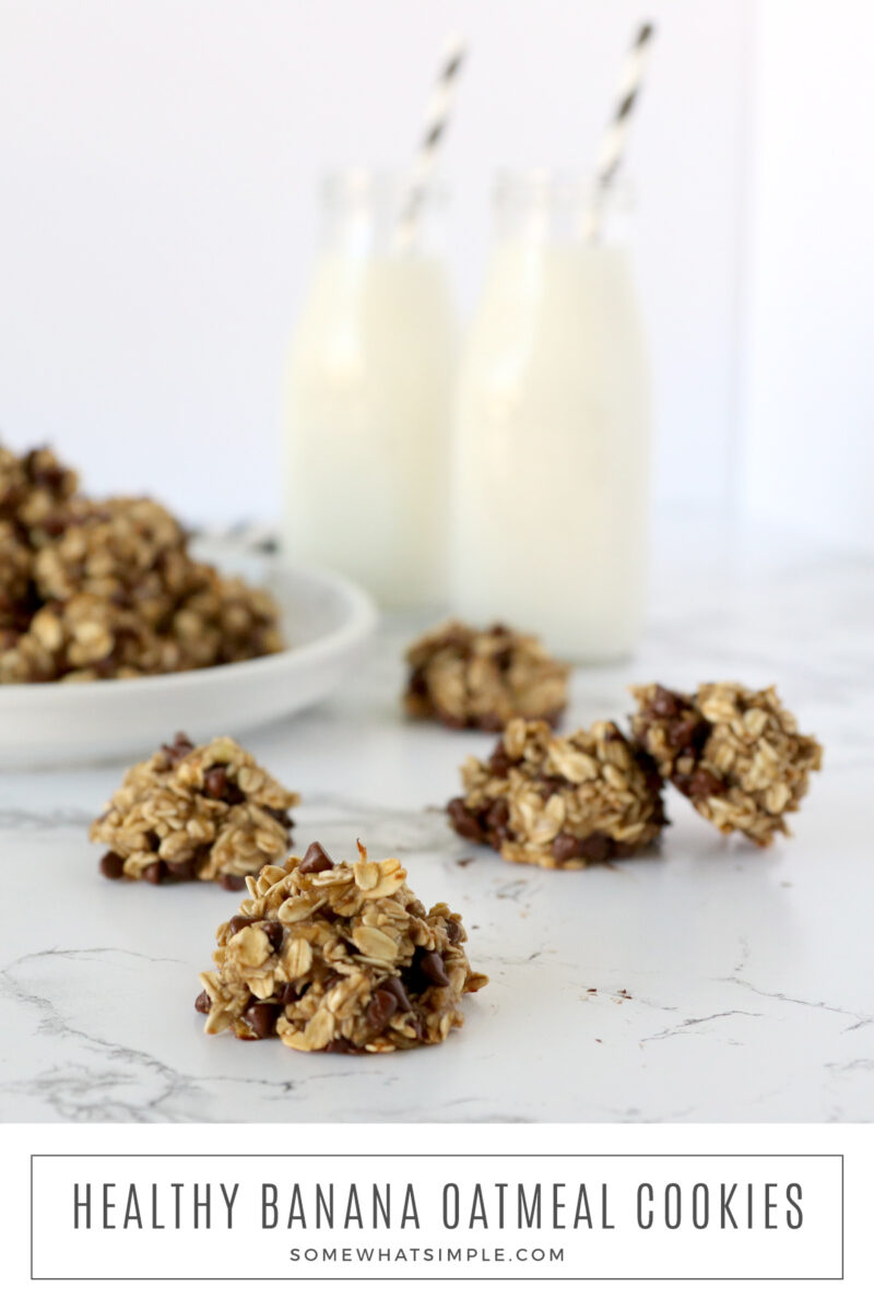 long image showing delicious healthy oatmeal banana cookies next to two glasses of milk
