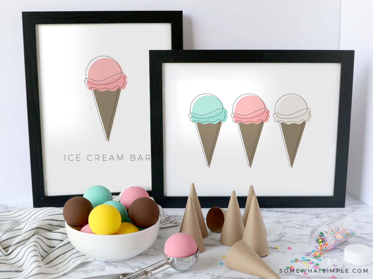 frames ice cream prints next to paper ice cream crafts