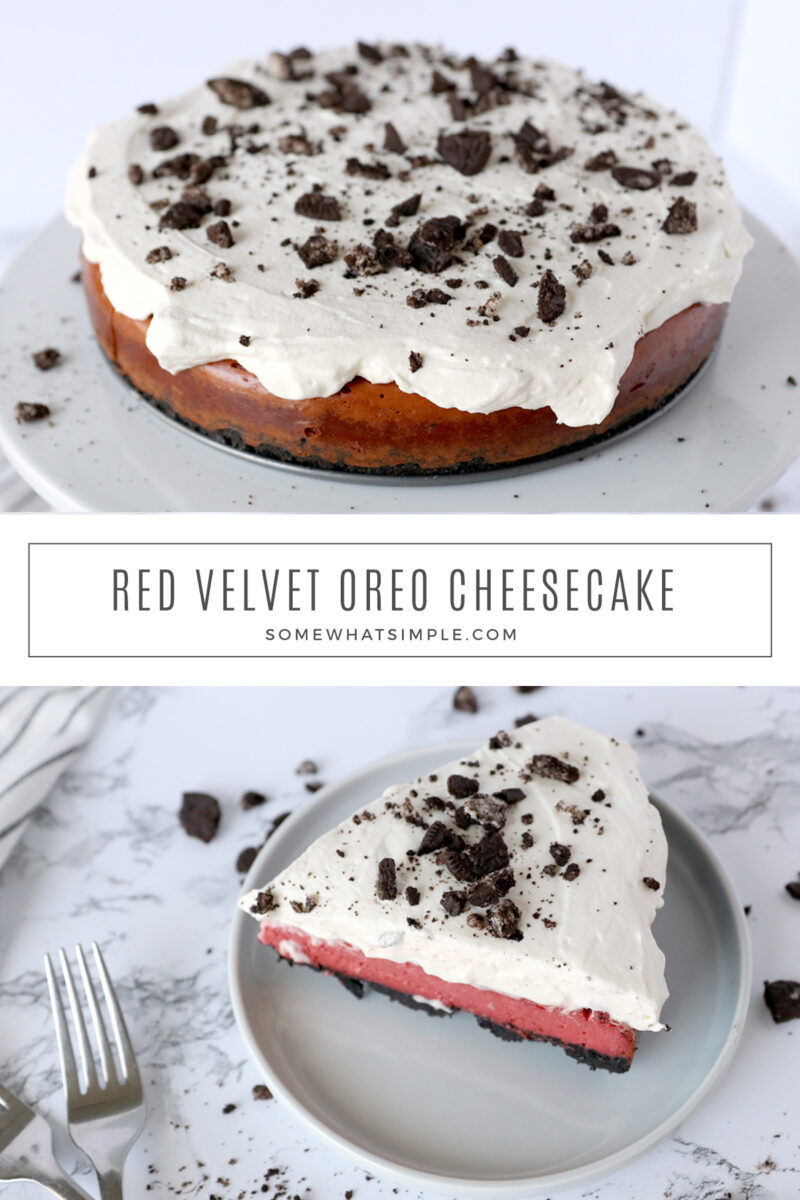 collage of finished red velvet oreo cheesecake