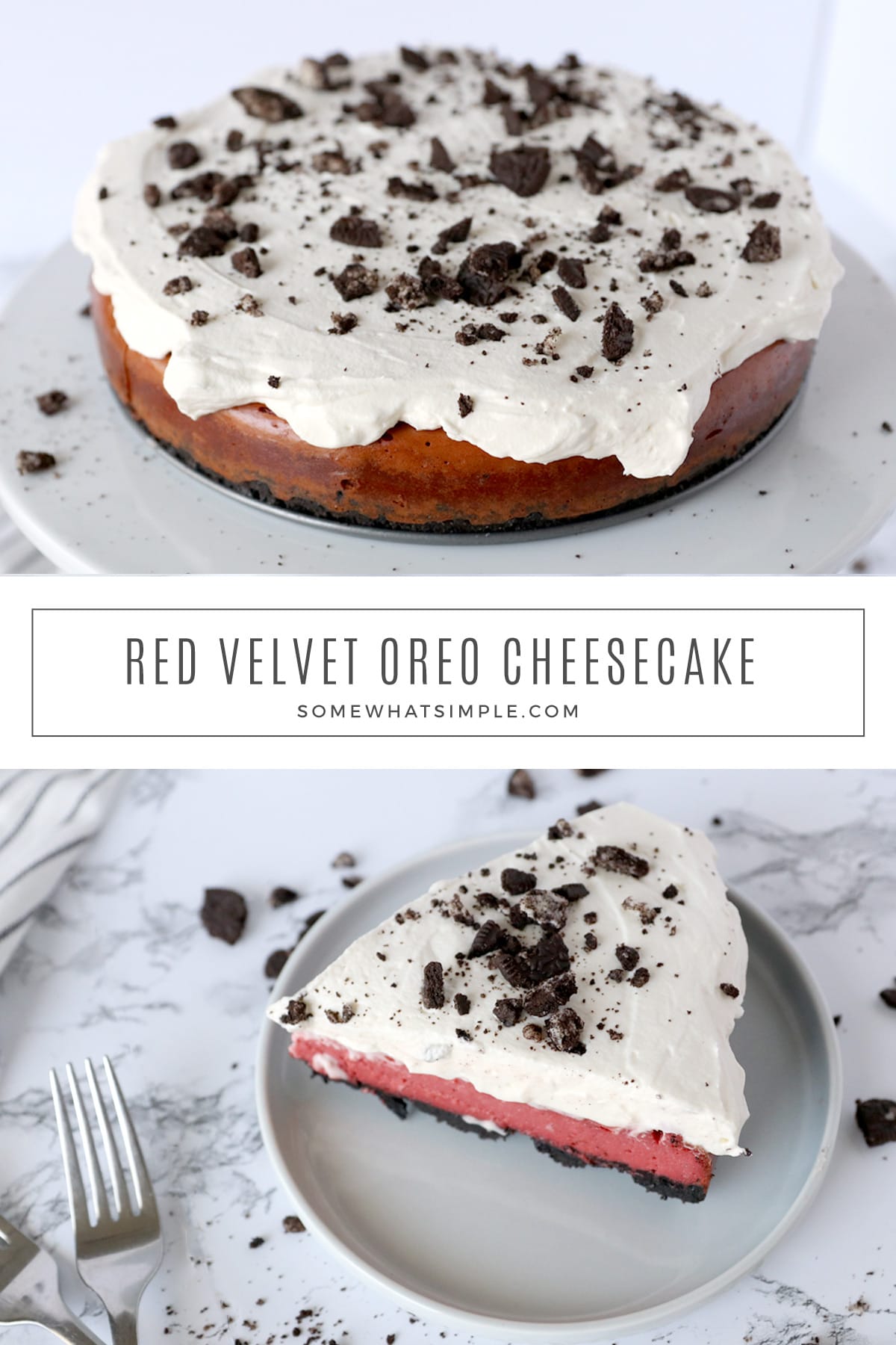 Red velvet cheesecake, an Oreo crust, and creamy whipped cream - this Red Velvet Oreo Cheesecake is easy to make and totally delicious! via @somewhatsimple