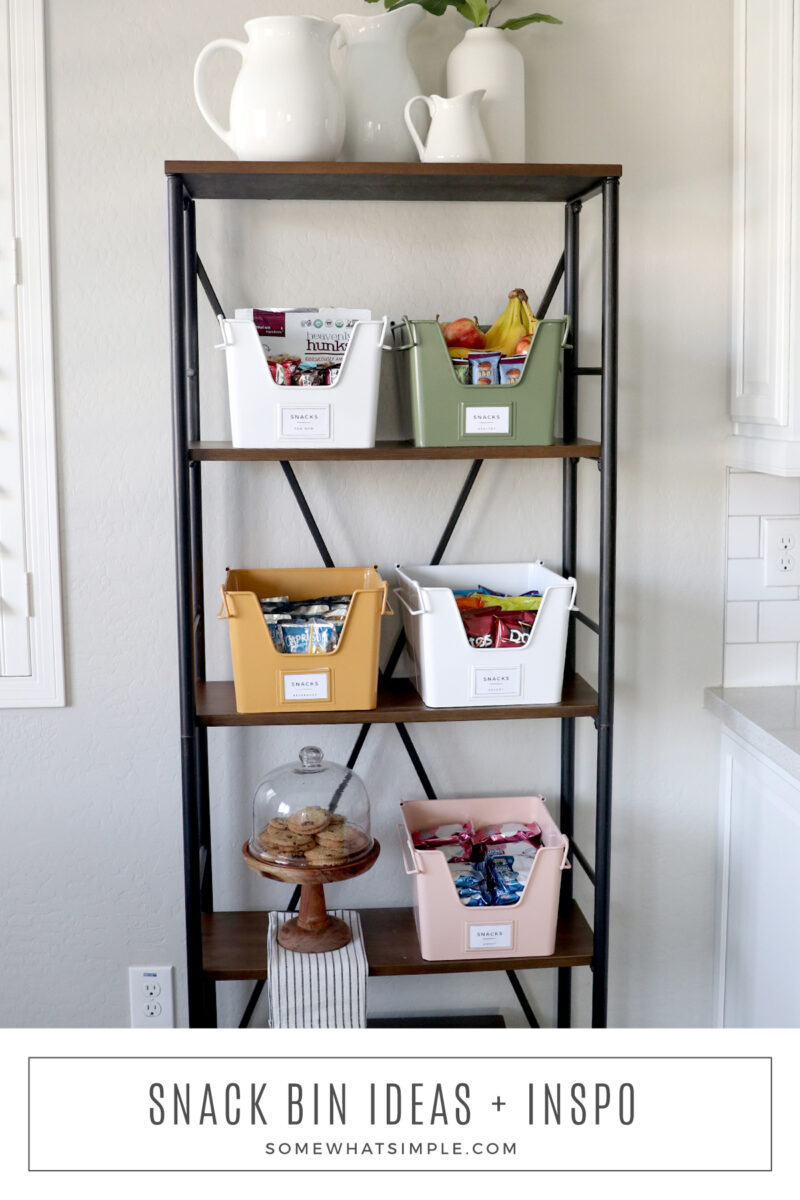 long image of a shelf with bins full of snacks