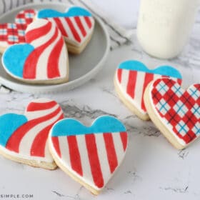 4th of july sugar cookies in the shape of hearts