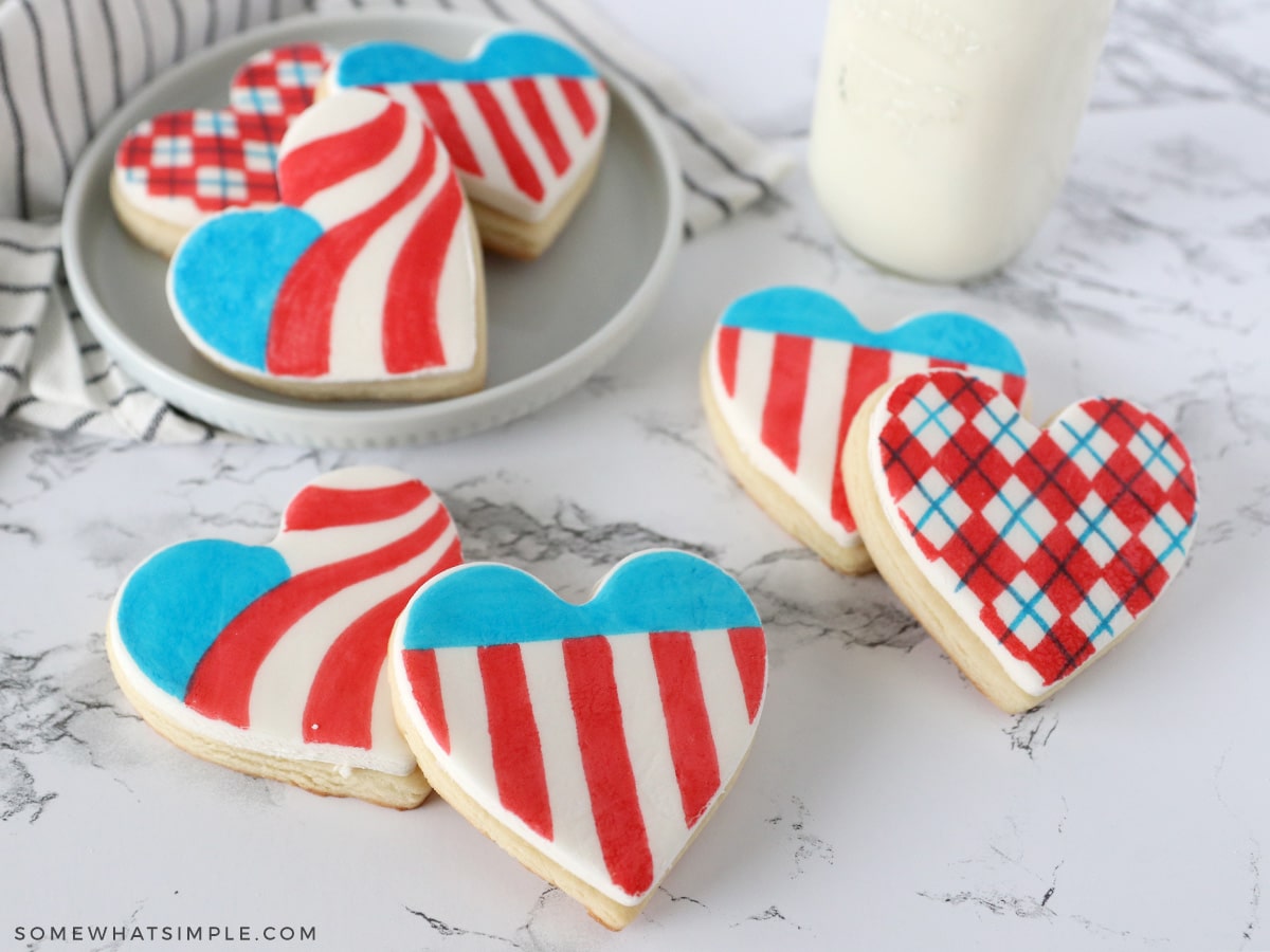 4th of july sugar cookies in the shape of hearts