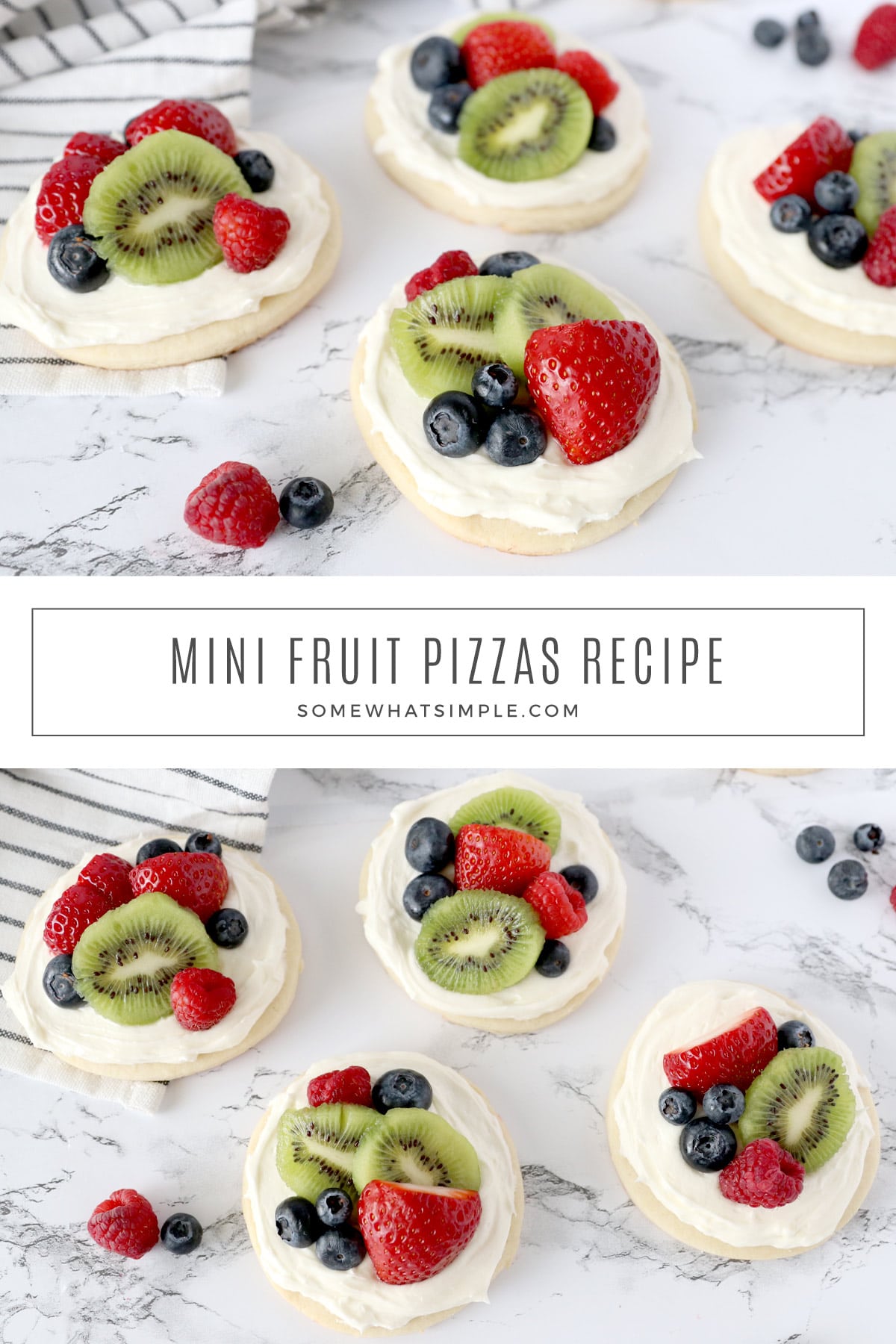 These mini fruit pizzas are made from sugar cookies, cream cheese frosting, and fresh fruit. They're a delicious summertime dessert that is perfect for a Sunday brunch. via @somewhatsimple
