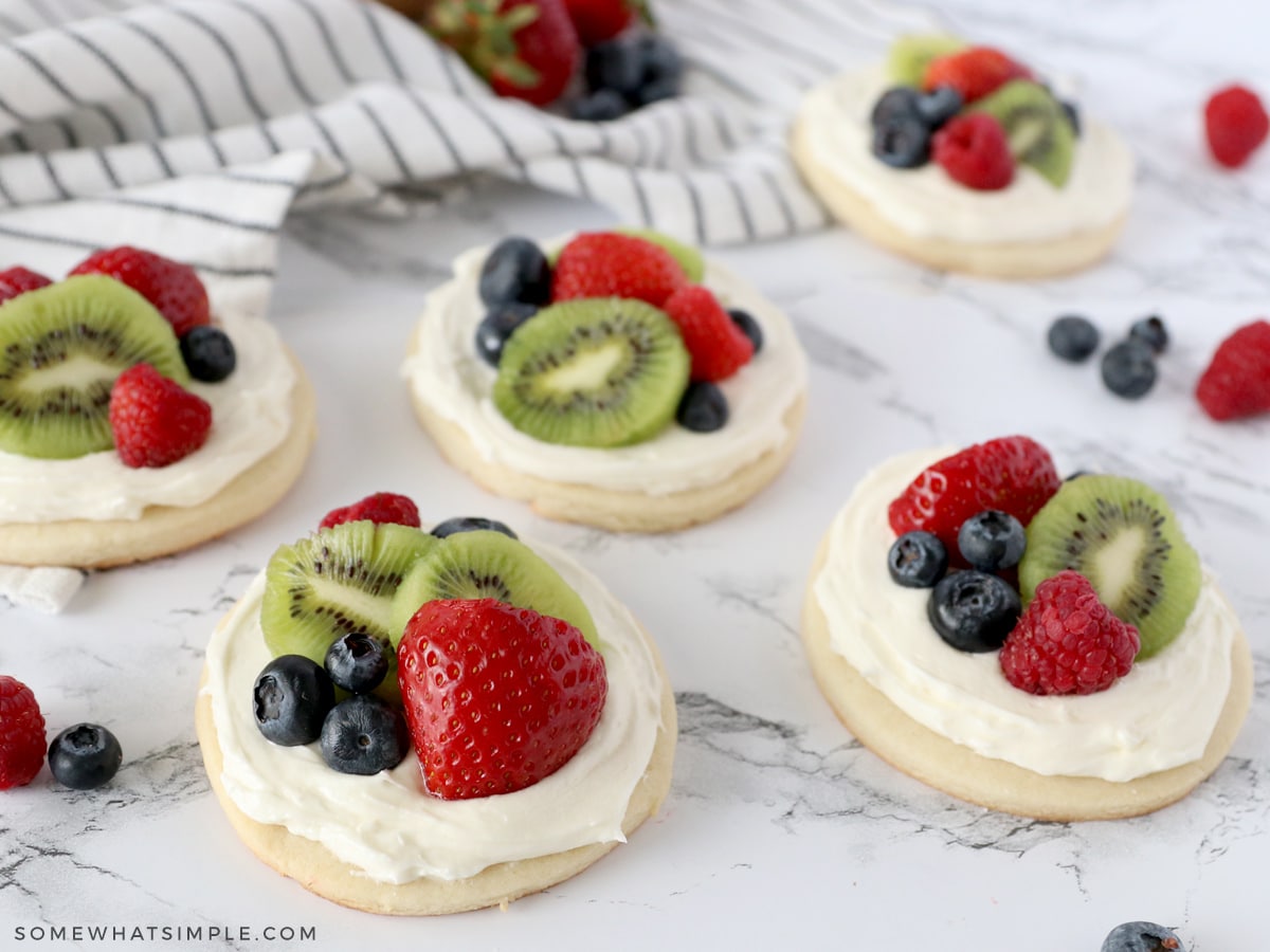 fruit pizza cookies on the counter