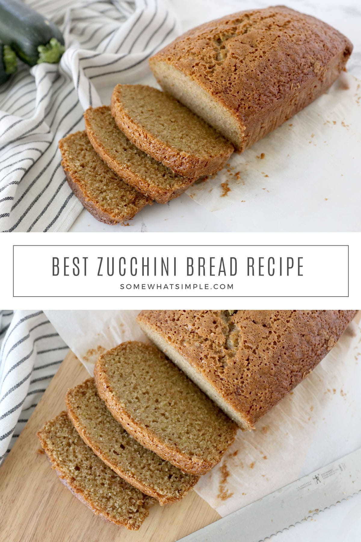 This recipe for delicious and easy zucchini bread is made with fresh zucchini and simple ingredients. It’s moist and flavorful, and a single slice can satisfy any sweet craving! via @somewhatsimple