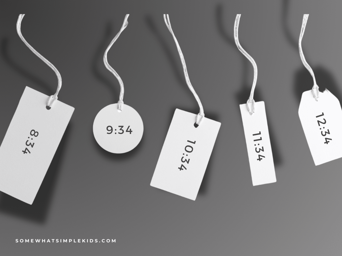 gift tags in a row labeled with specific times of day to open the present
