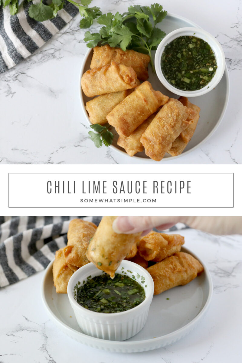 collage of images showing egg rolls next to chili lime sauce