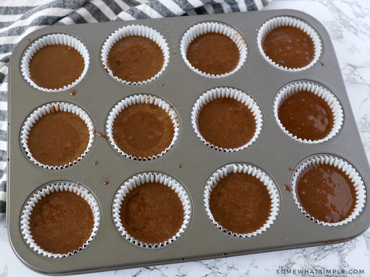 muffin cups covered with chocolate batter