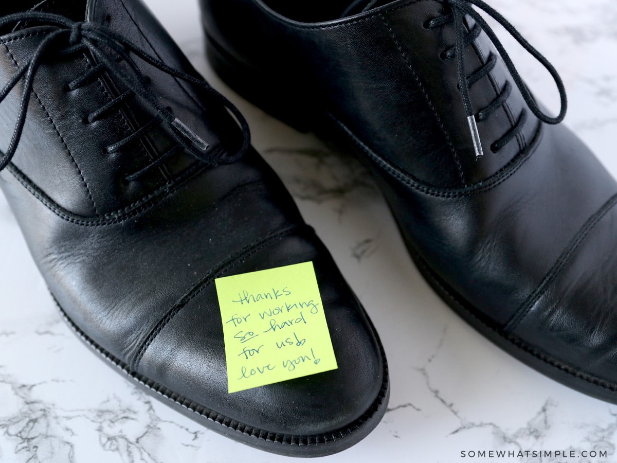 love note on a men's dress shoe