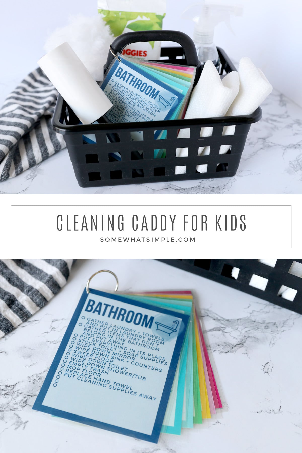 With a small bucket or caddy and some kid-friendly cleaning supplies, you can create a cleaning kit for kids to help motivate them to do their chores! via @somewhatsimple
