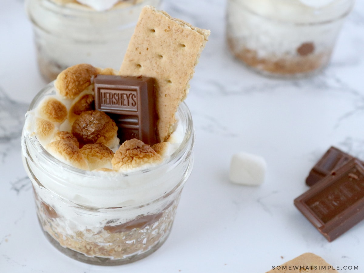 close up of a smore in a jar