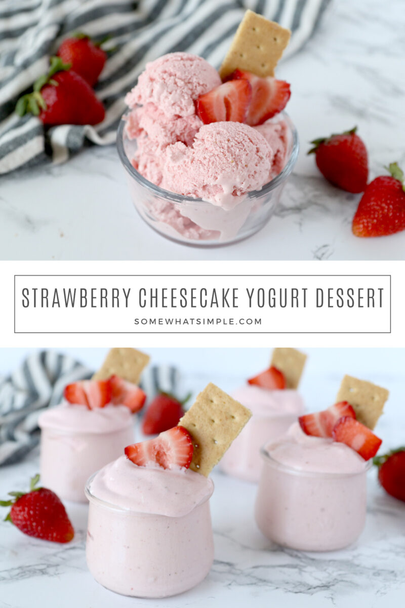 collage of images showing a strWBERRY CHEESECAKE FROZEN YOGURT