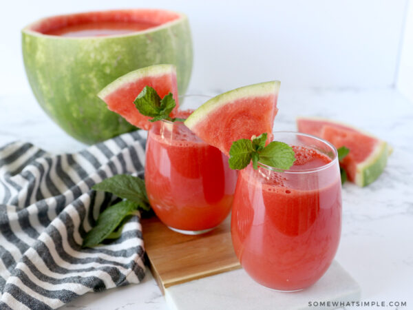 watermelon punch recipe in glasses with mint leaves