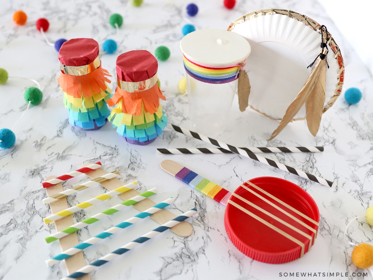Homemade toy instruments on a white counter