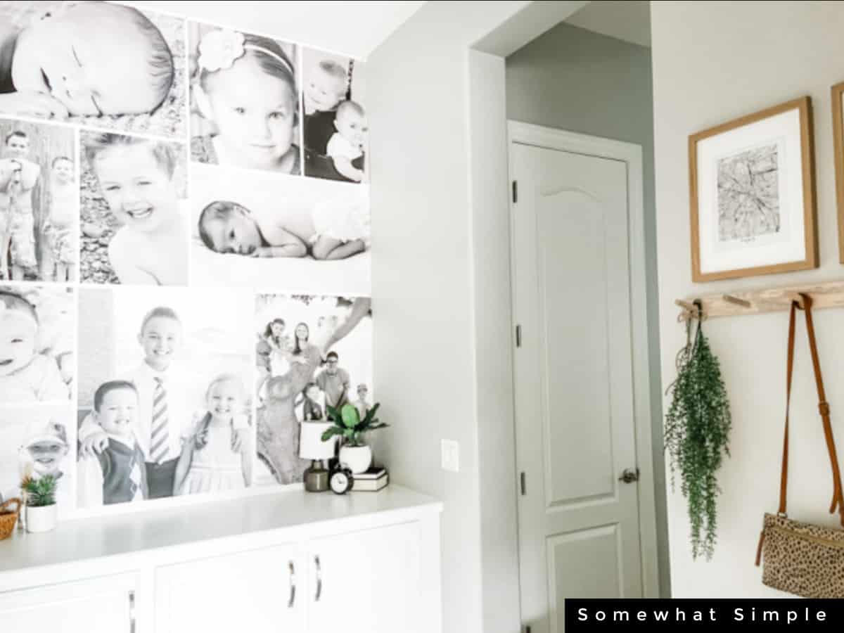 entry way with family portrait posters on the wall