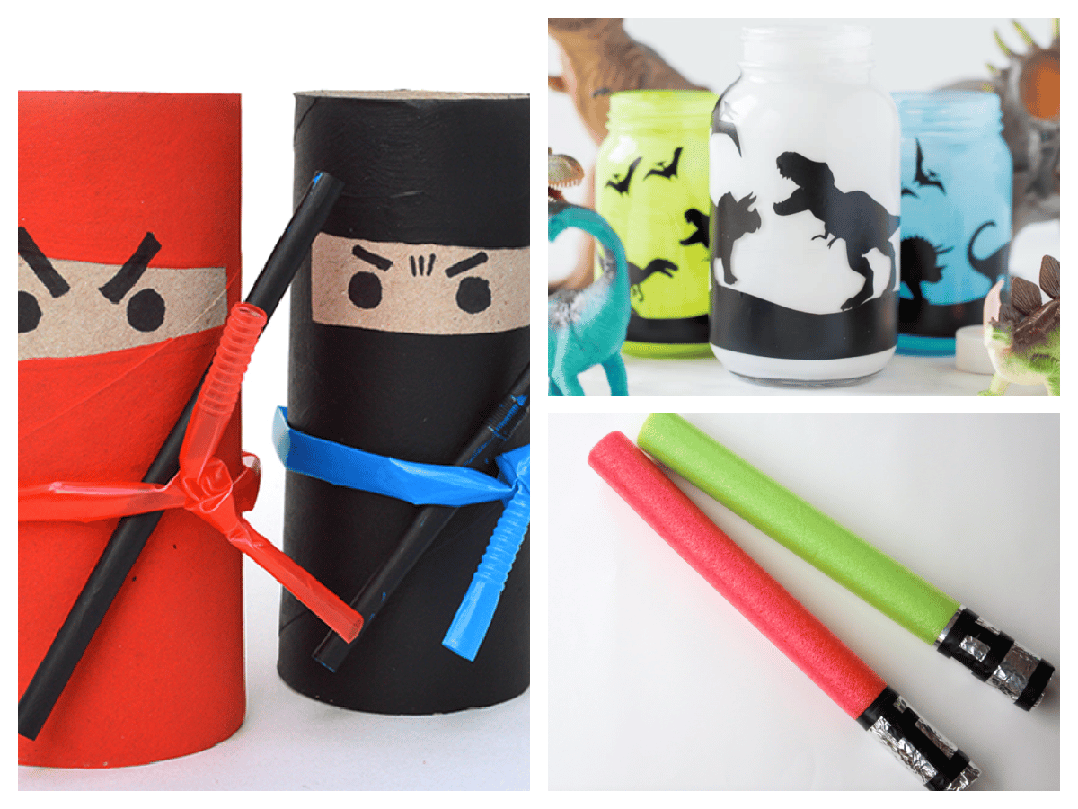 toilet paper rolls made into ninjas and two other crafts for boys