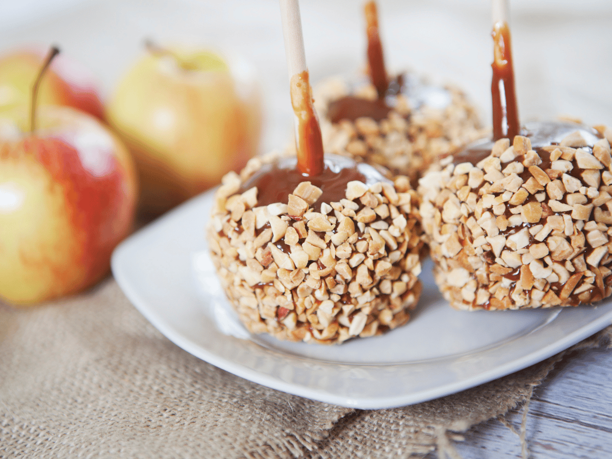 candy apples on a stick on a white plate next to a few fresh apples