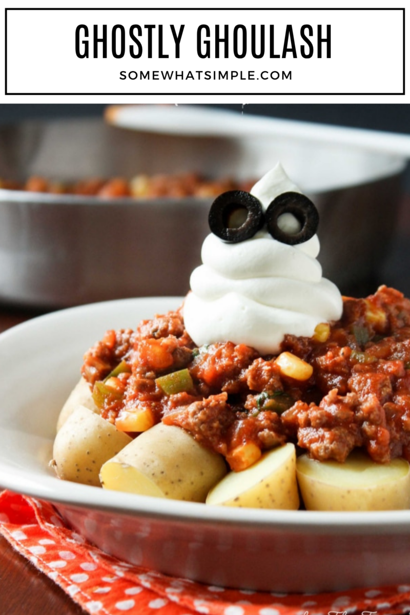 long image of halloween goulash with a text overlay