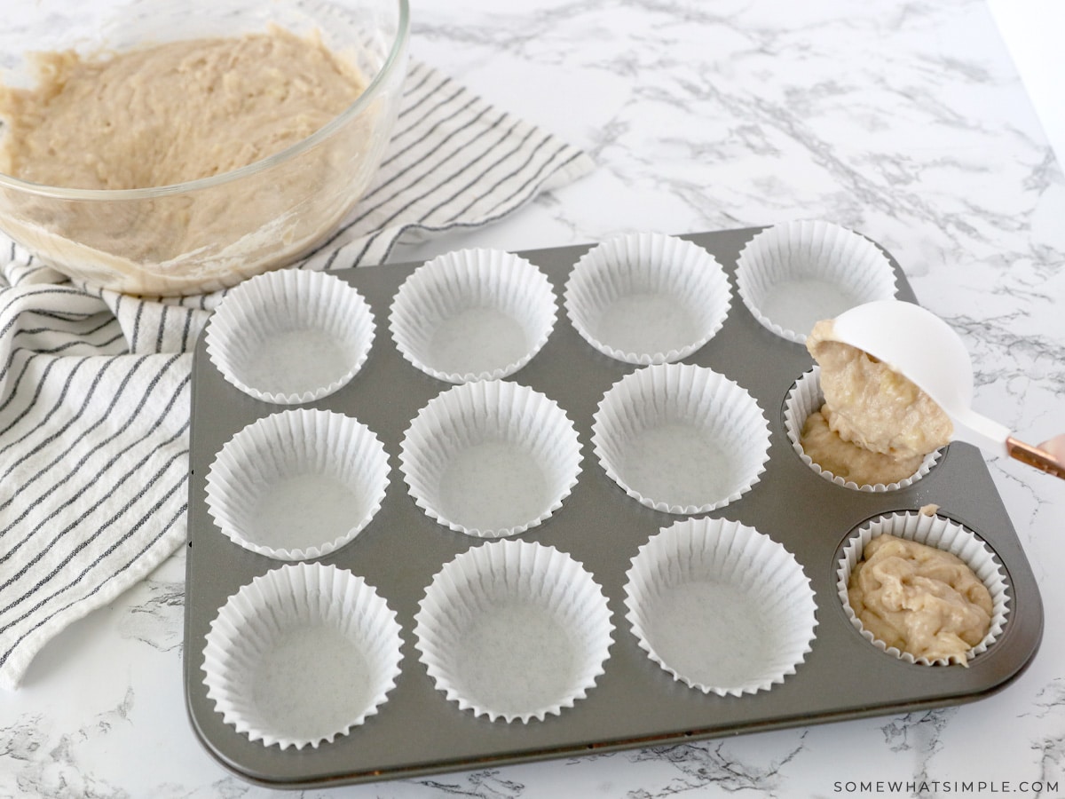 adding muffin batter to cupcake pans