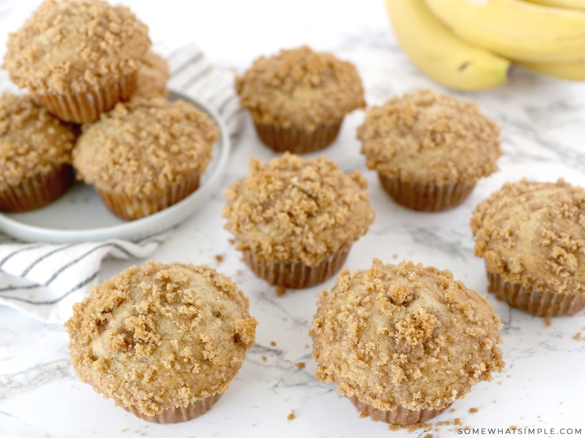 banana crumb muffins on a white counter