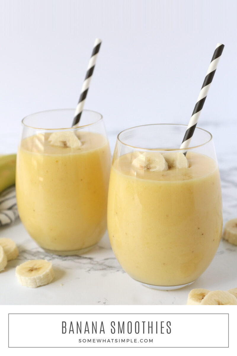 long image of banana smoothies in a glass cup