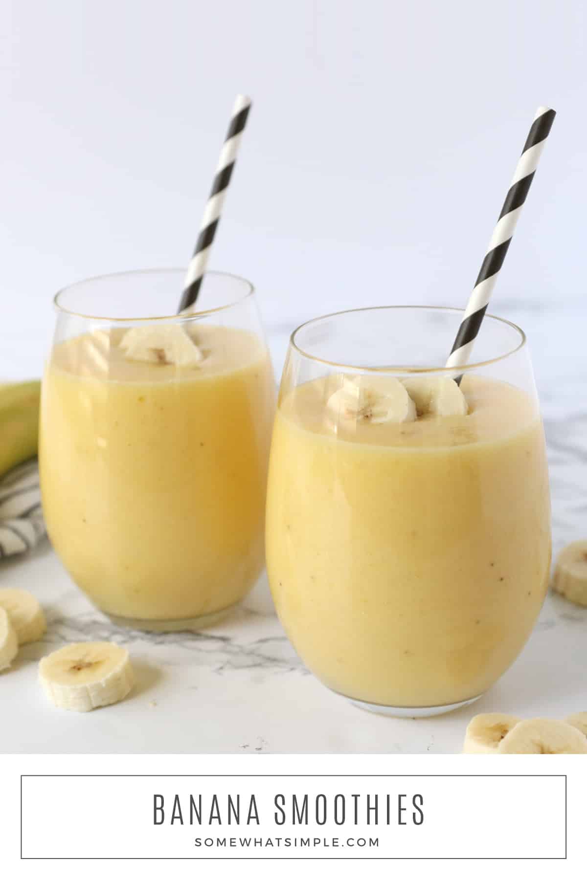 This tropical banana smoothie recipe uses only three ingredients and is ready in under five minutes. Made with fresh fruit, it's super delicious and perfect for an easy breakfast or quick snack! via @somewhatsimple