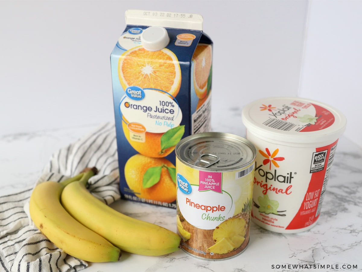 banana smoothie ingredients sitting on the counter