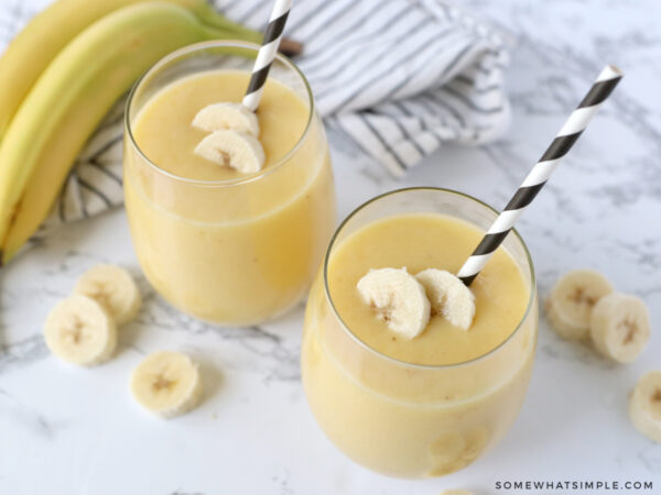 overhead shot of banana smoothie recipe