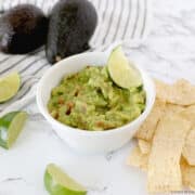 quick guacamole in a white bowl