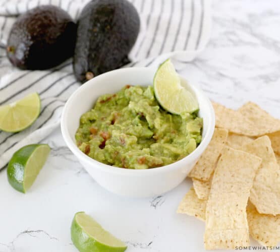 quick guacamole in a white bowl