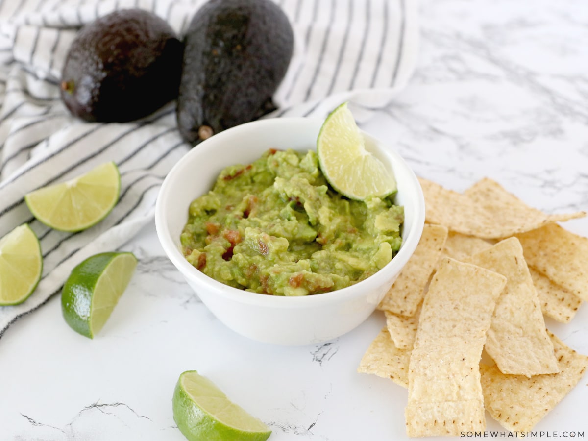 quick guacamole in a white bowl